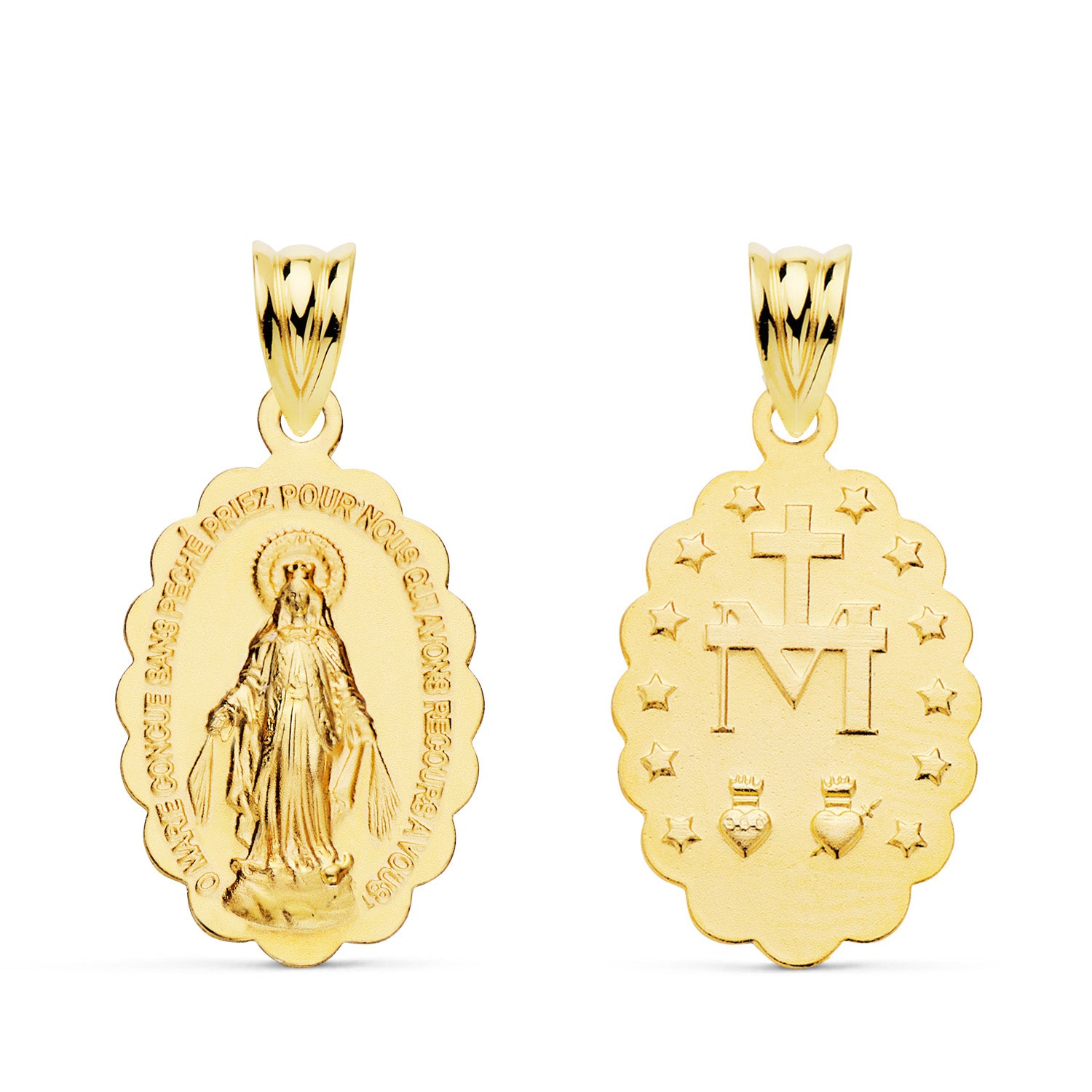 18K Médaille Or Jaune Vierge Miraculeuse Inscription Français Ovale Mate 20 X 15 mm