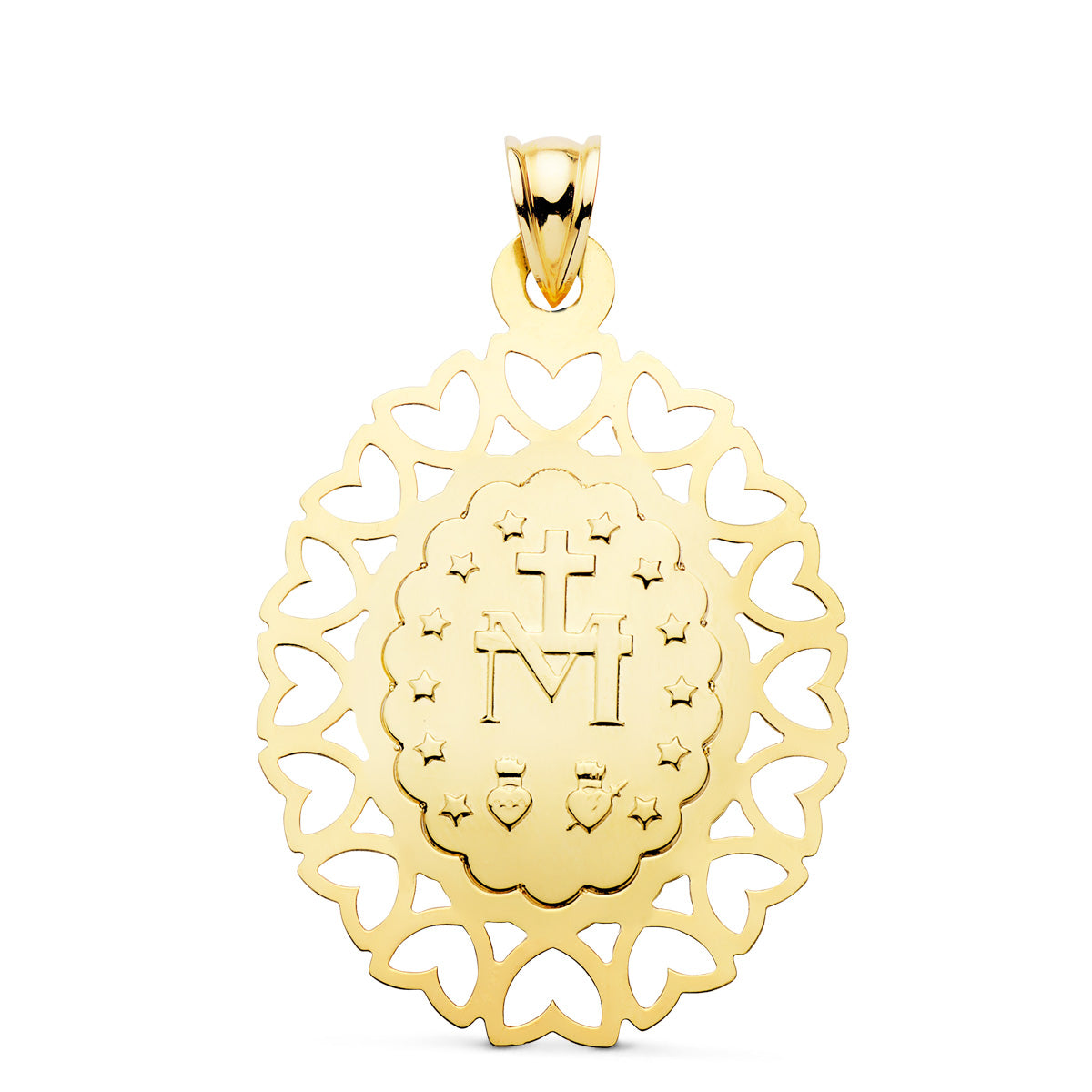 18K Médaille Coeurs Ajourées Notre-dame de Miraculeuse 40X33 mm