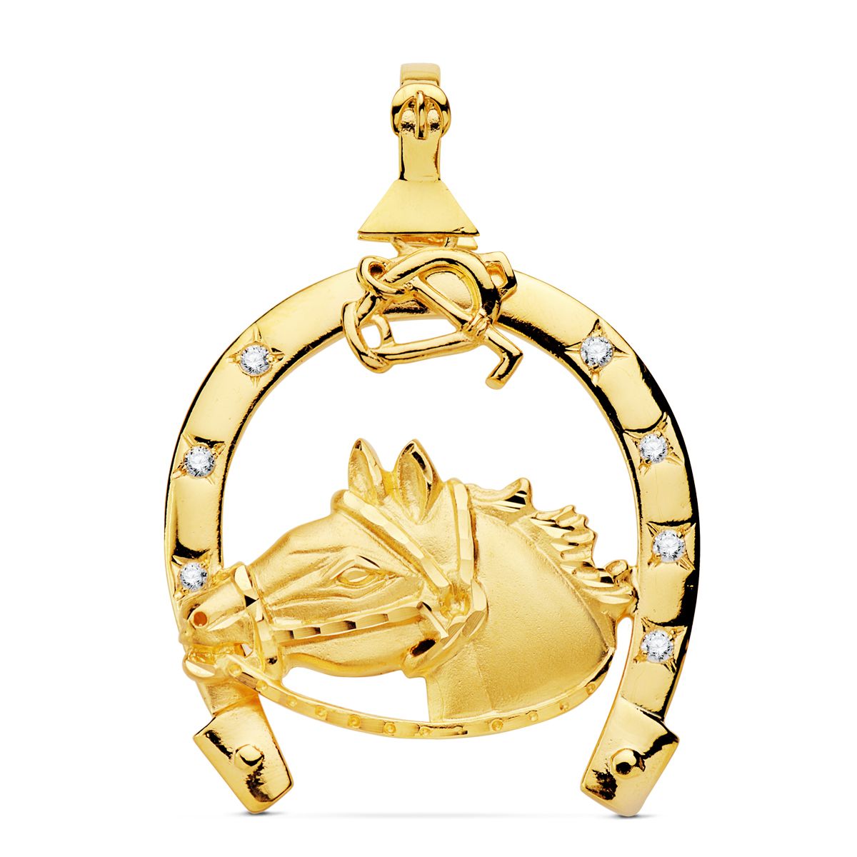 Ciondolo Ferro di Cavallo con Cavallo Zirconi in Oro Giallo 18K 42X39 mm
