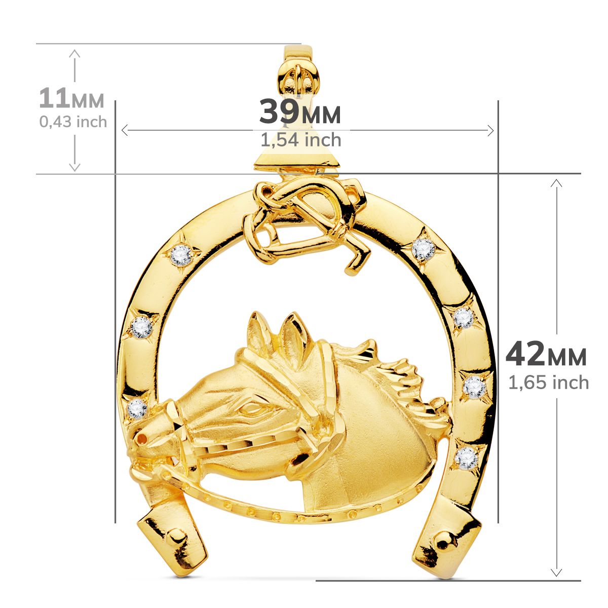 Pendentif Or Jaune 18K Zircon Fer à Cheval avec Cheval 42X39 mm