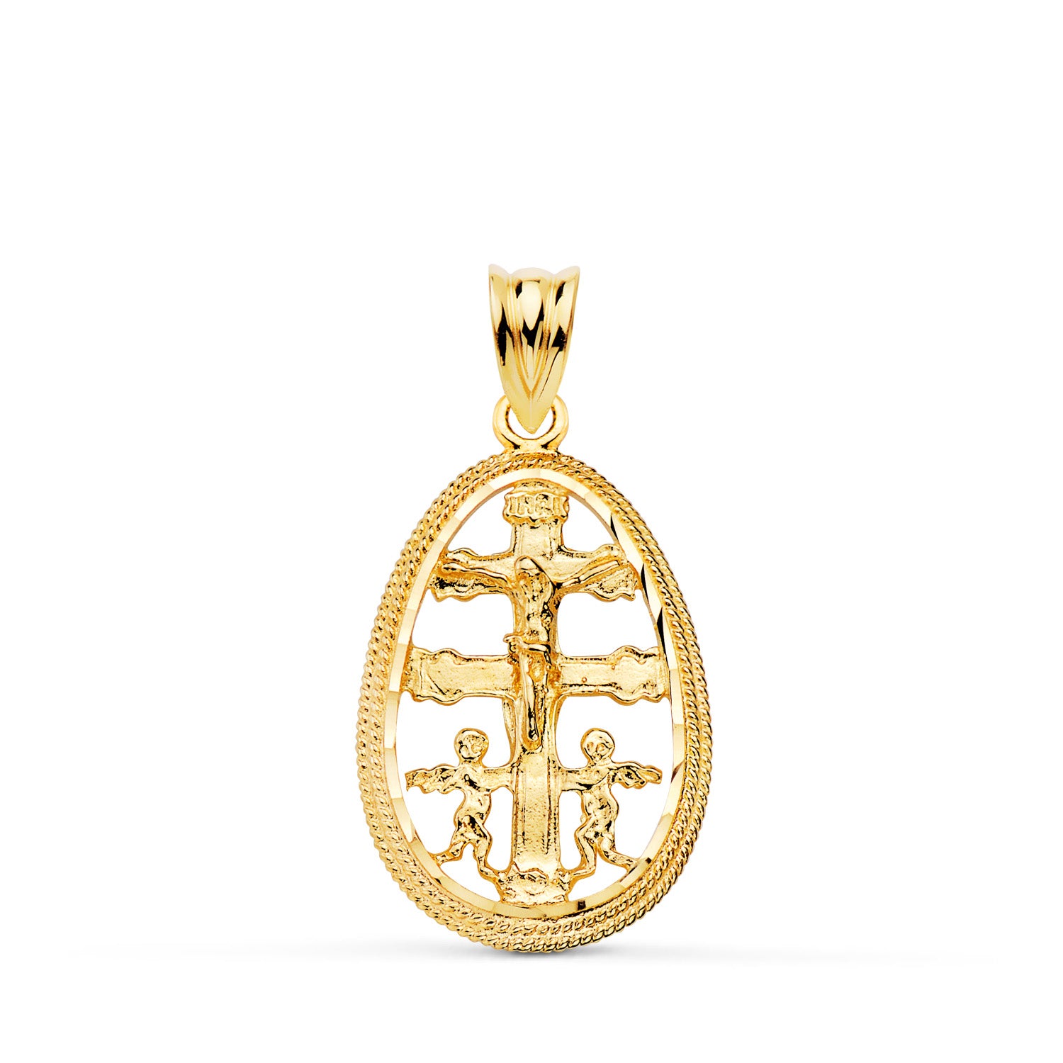 Pendentif Croix de Caravaca 18K Clôture Ovale Diamantéeen Or Jaune 23 X 16MM