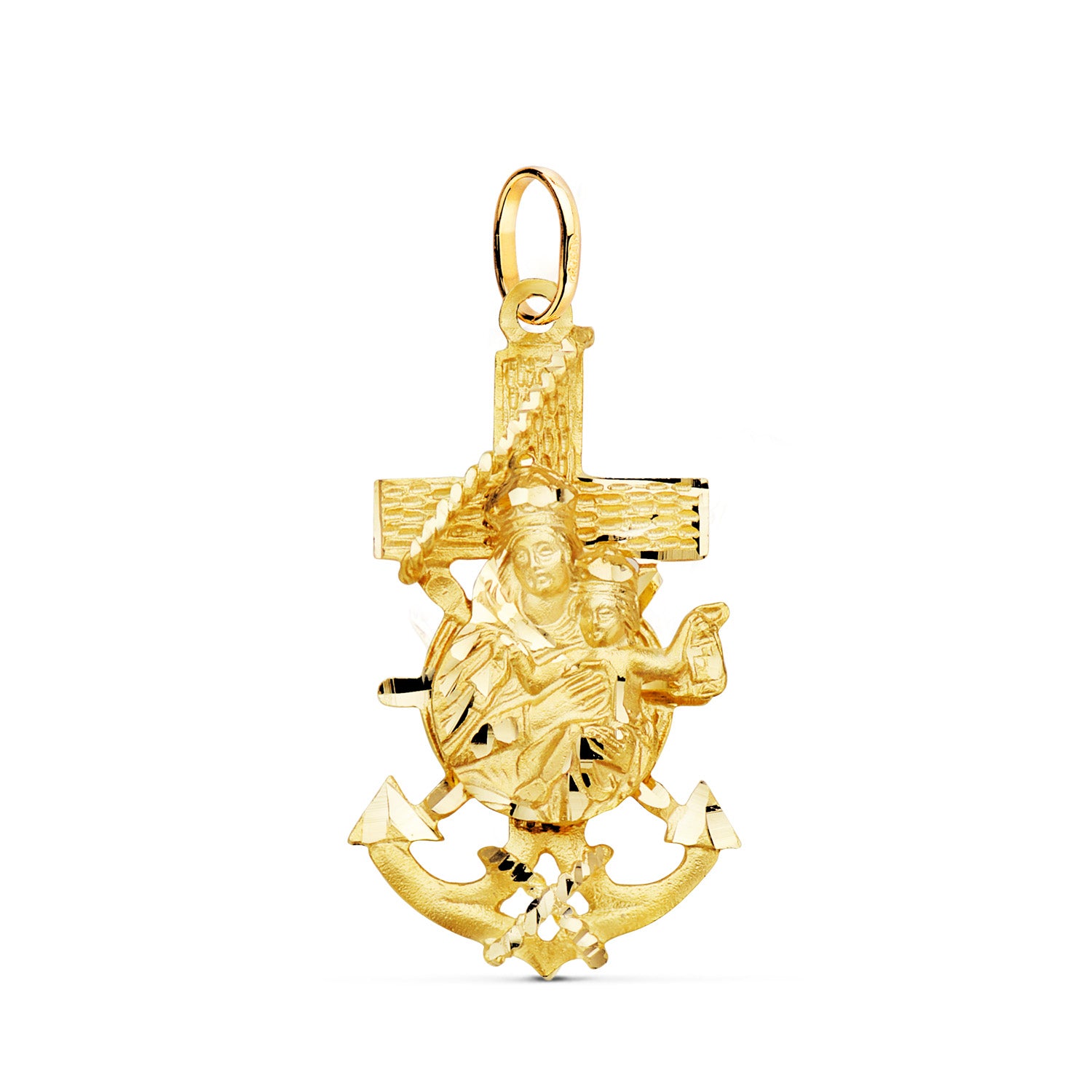 18K Sarı Altın Denizci Haçı Virgen Del Carmen DIAMOND 35X19 mm