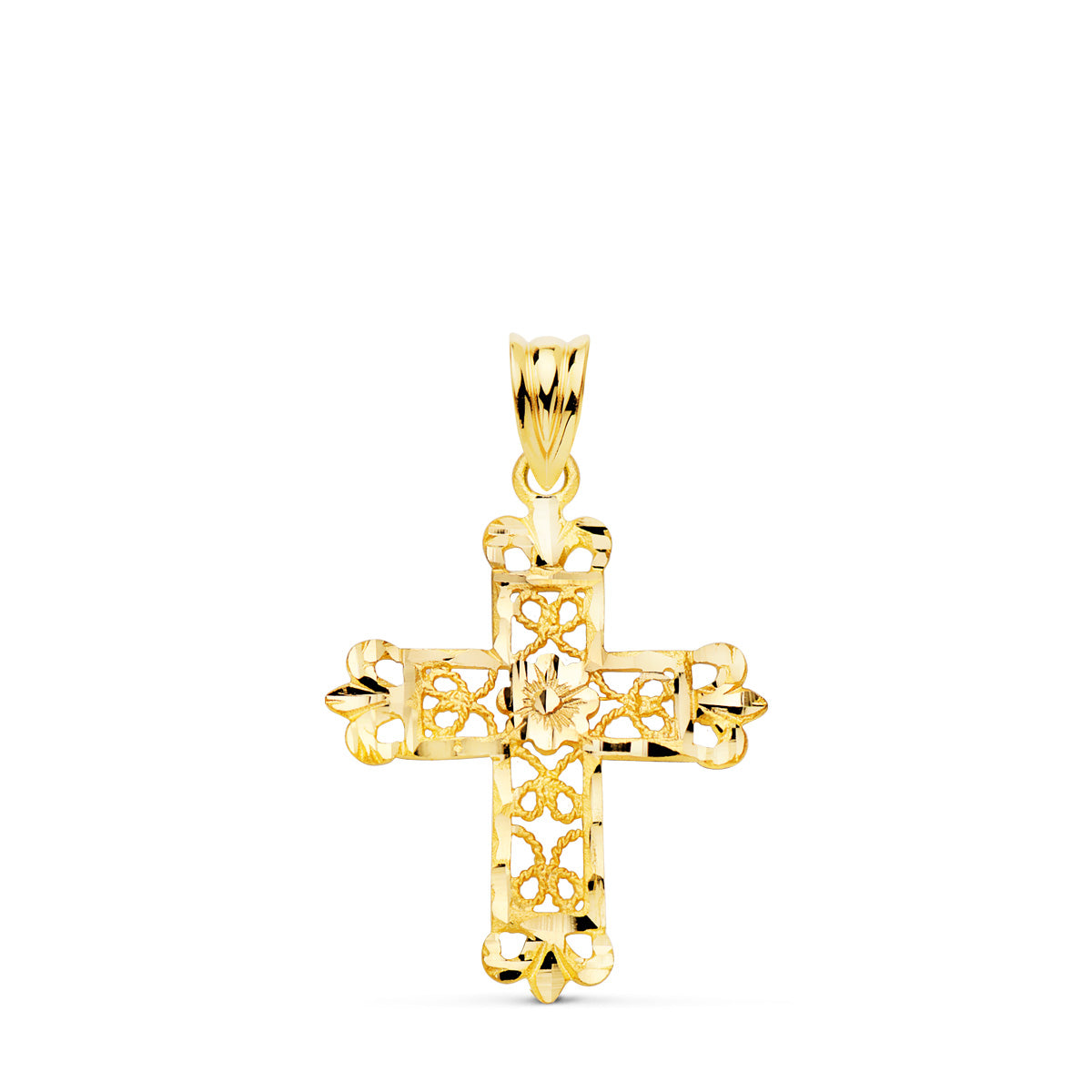 18K Croix en Or Jaune Filigrane. 27X22 mm