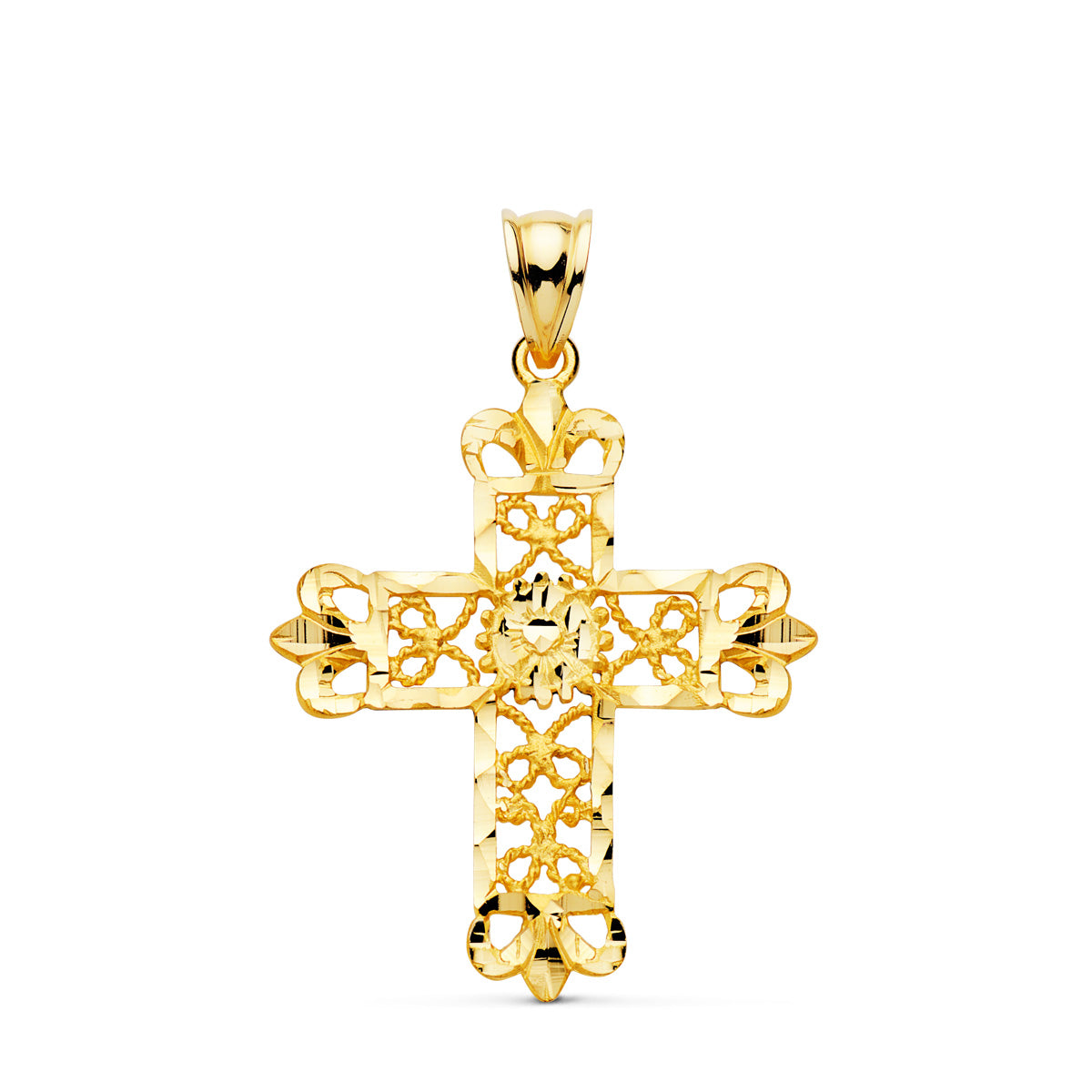 18K Croix en Or Jaune Filigrane. 35X29 mm