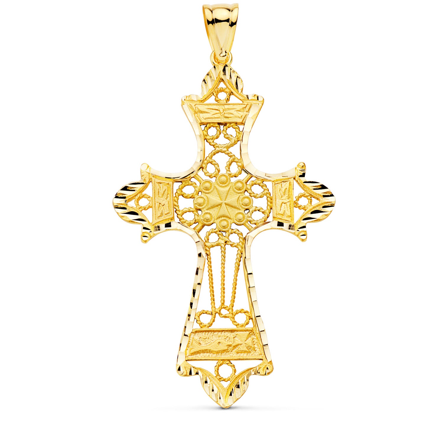 18K Pendentif Croix Filigrane en Or Jaune 60X37 mm