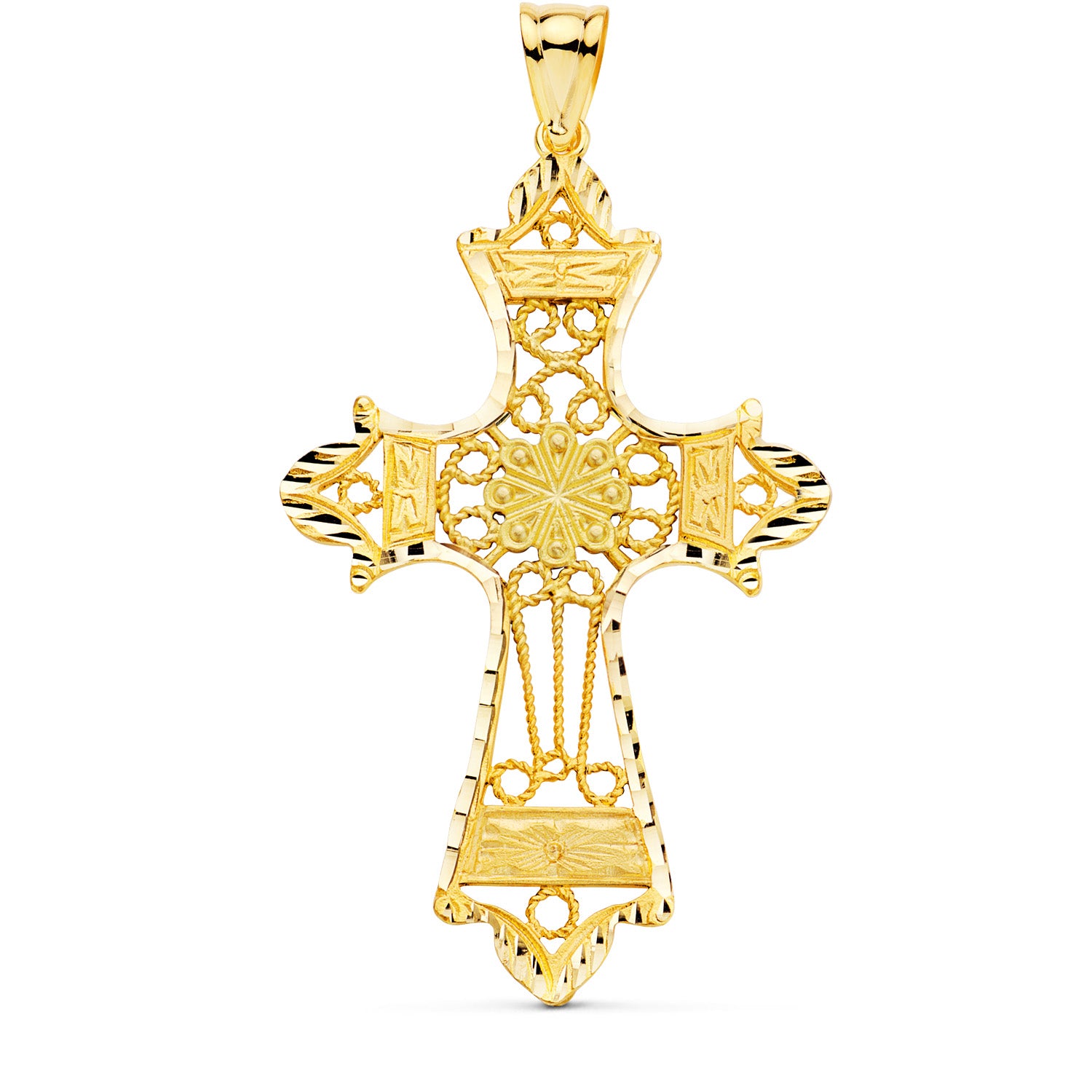 18K Pendentif Croix Filigrane en Or Jaune 60X37 mm