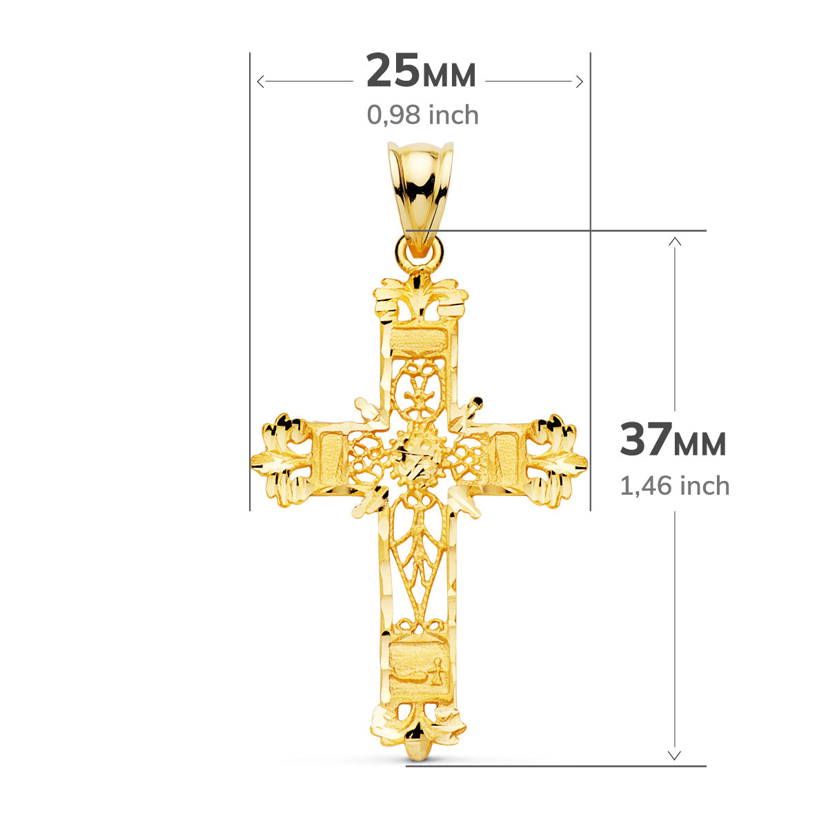 18K Pendentif Croix Filigrane 37X25 mm