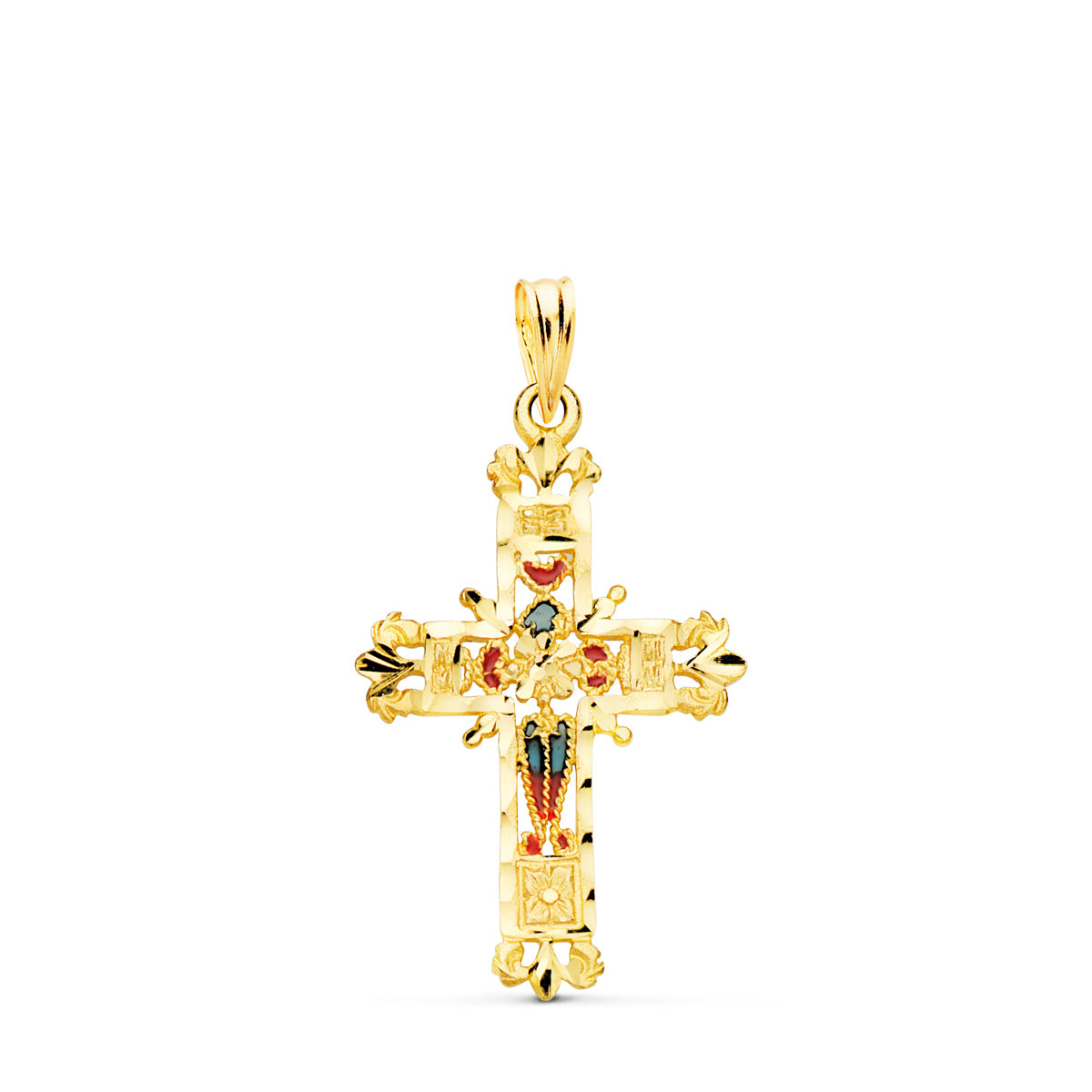 Croix Or Jaune 18K Vitrail Cathédrale Bords Sculptés 30X20 mm