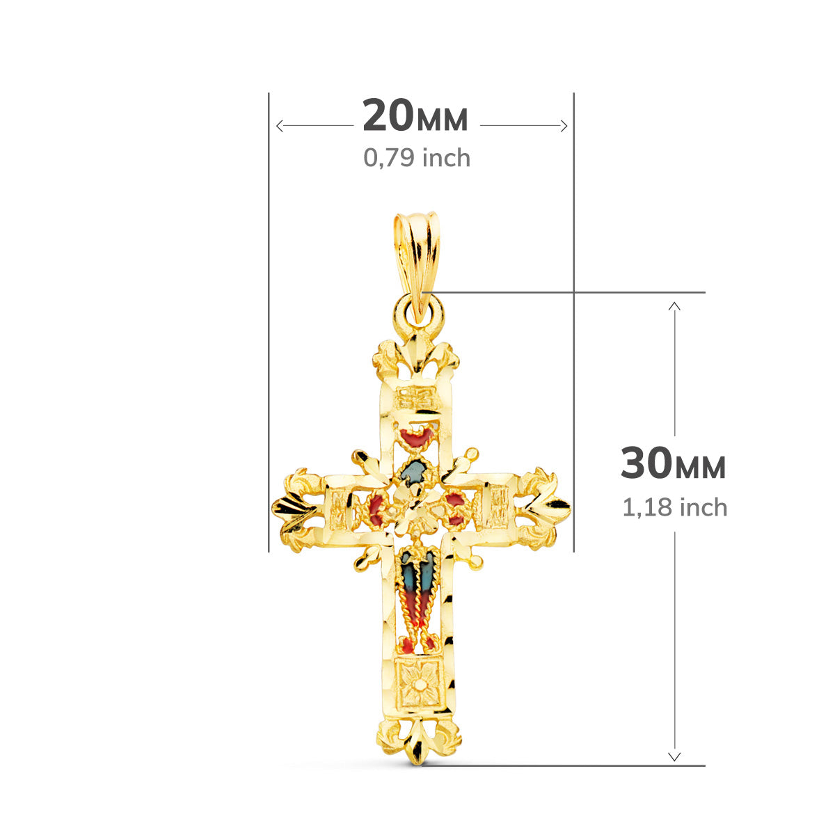 Croix Or Jaune 18K Vitrail Cathédrale Bords Sculptés 30X20 mm