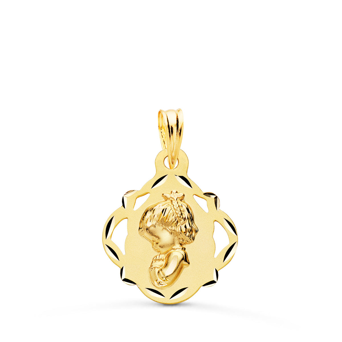 Médaille Or Jaune 18K Vierge Fille Ouvert Tambourin 19X16 mm