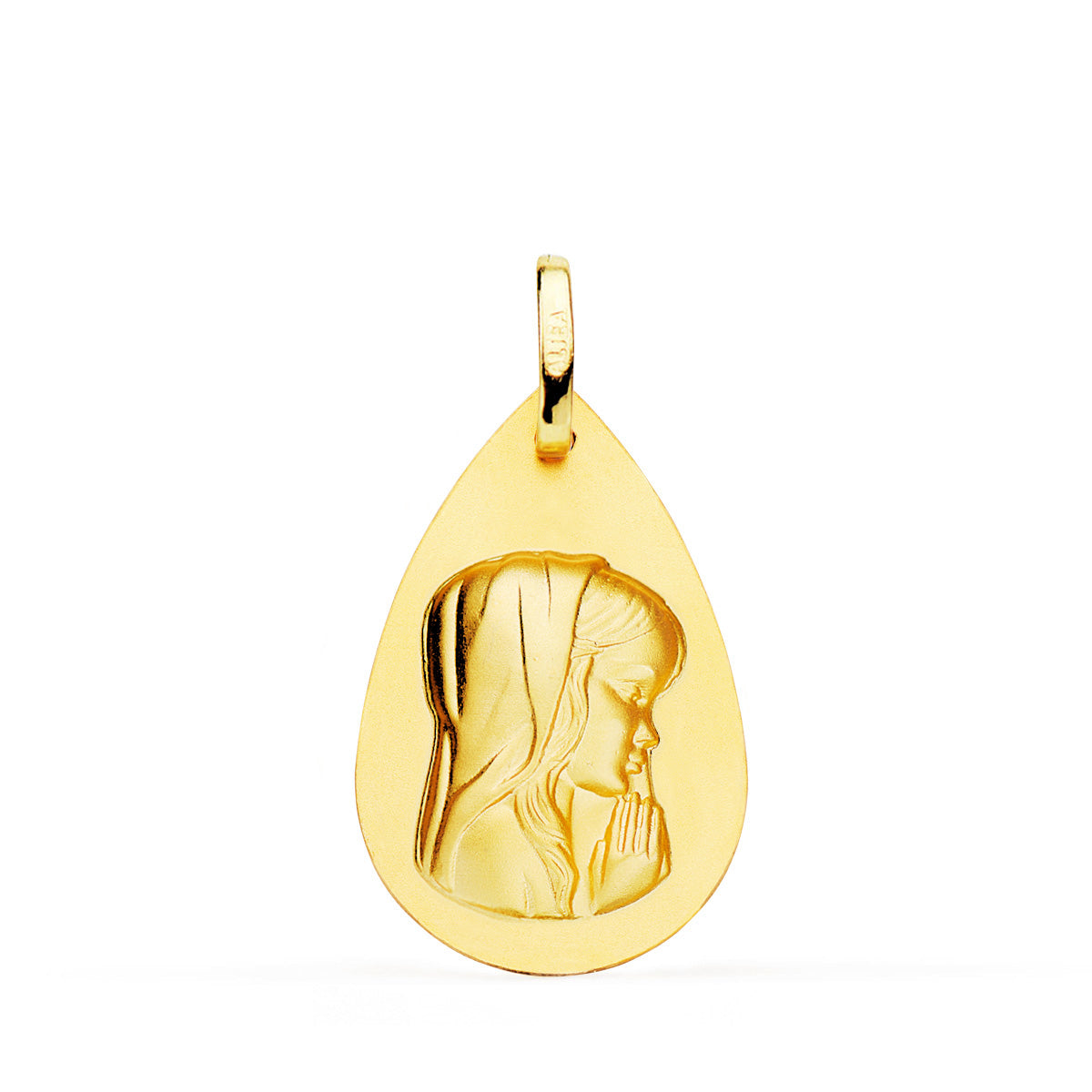 18K Gul Guld Medal Virgin Girl Glat Drop 23X15 mm
