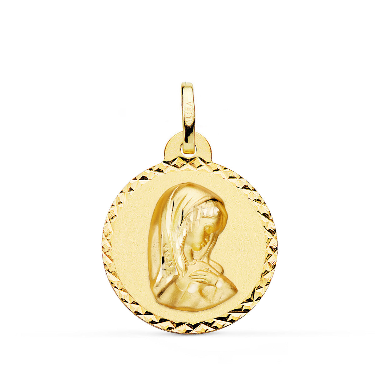 Médaille Or Jaune 18K Vierge Fille Croix Sculptée Pendentif 22 mm