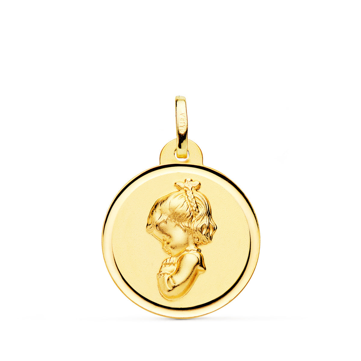 18K Médaille Biseautée Vierge Enfant en Or Jaune 16 mm
