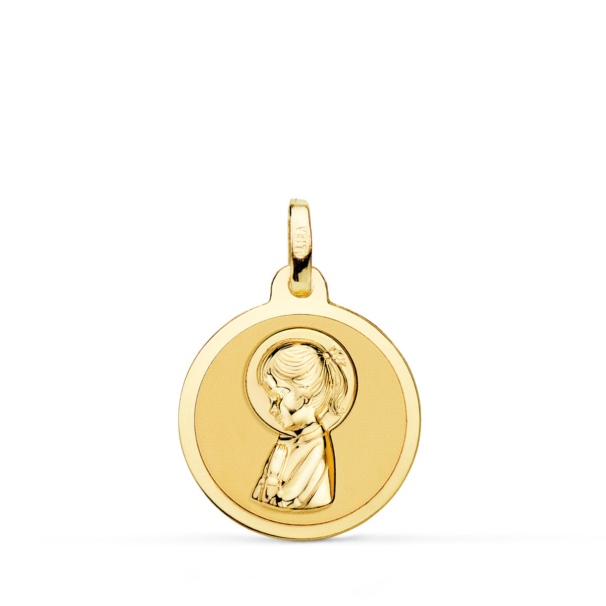 Médaille Or Jaune 18K Vierge Priant Dans la Pulie 18 mm
