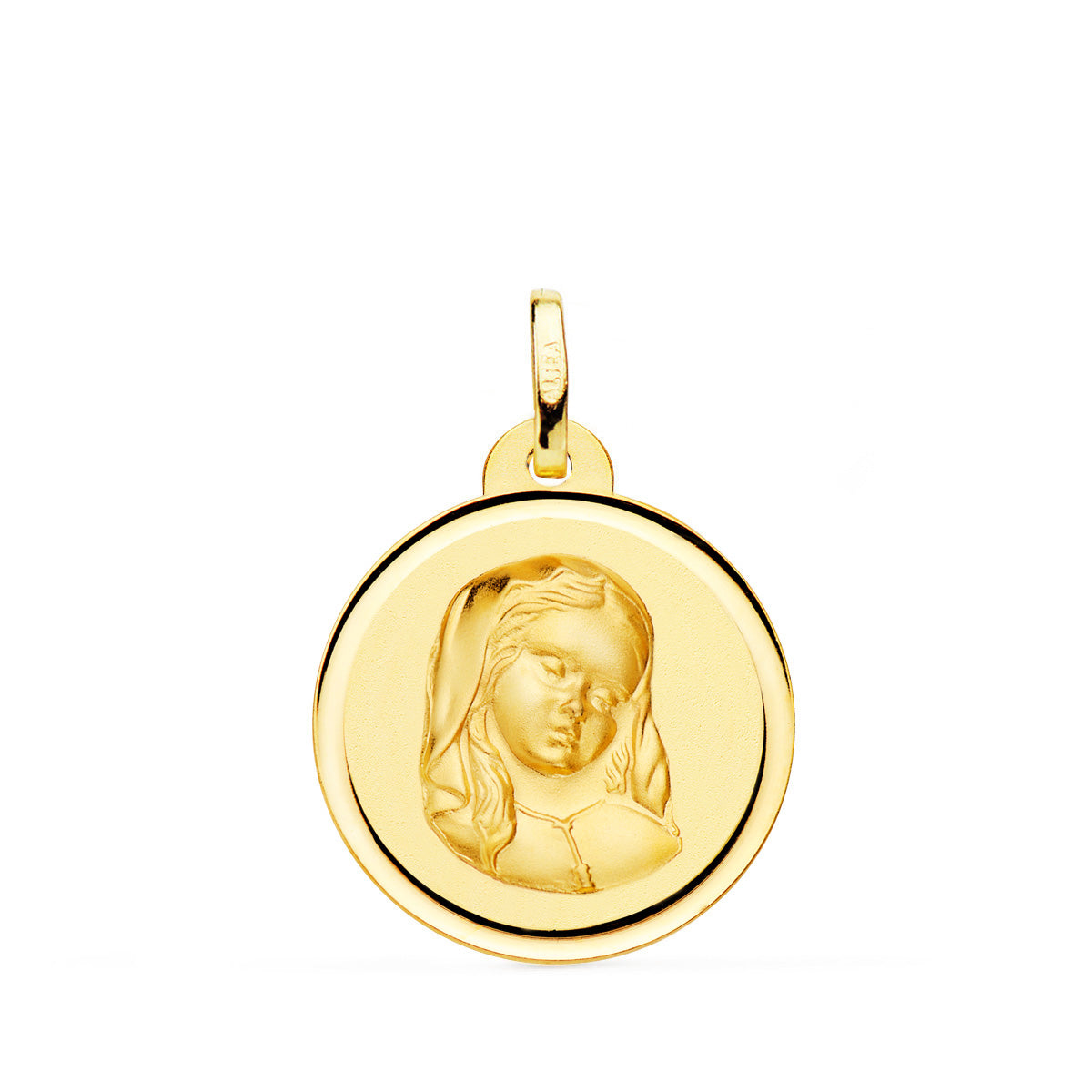 18K Médaille Biseautée Vierge Enfant en Or Jaune 20 mm