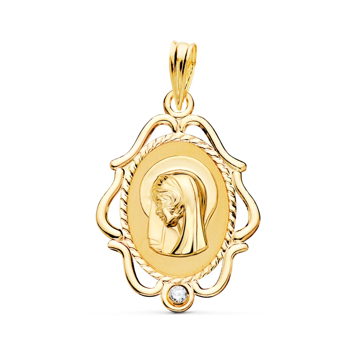 18K Médaille Vierge Bord Filigrane en Or Jaune