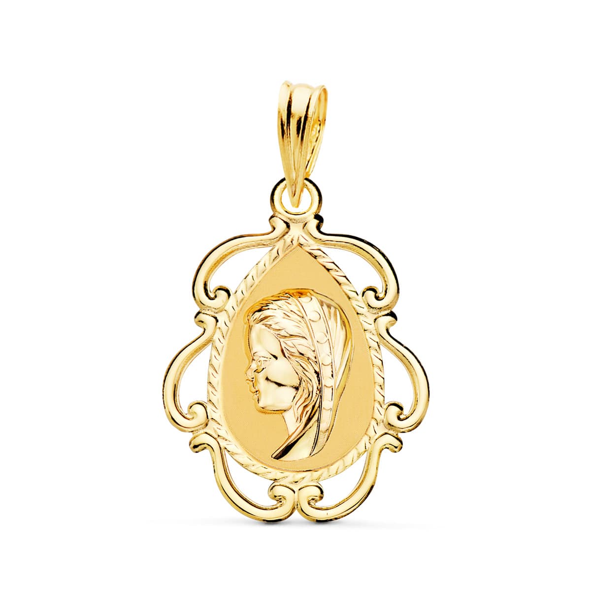 18K Médaille Vierge Bord Filigrane en Or Jaune 22X16MM