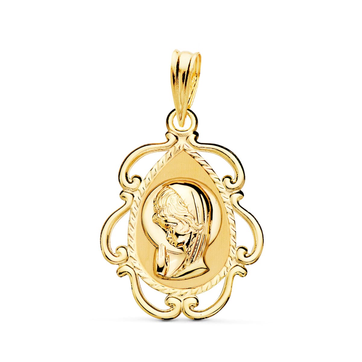 18K Médaille Vierge Bord Filigrane en Or Jaune 22X16MM