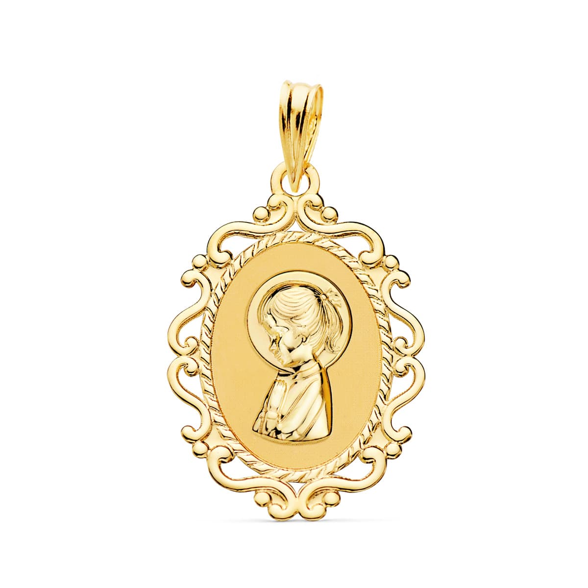 18K Médaille Vierge Bord Filigrane en Or Jaune 23X16MM