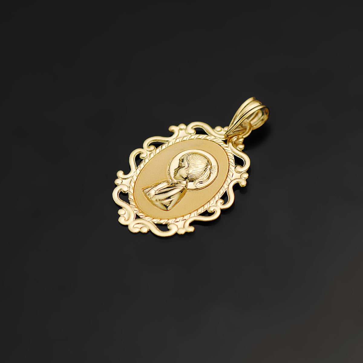 18K Médaille Vierge Bord Filigrane en Or Jaune 23X16MM