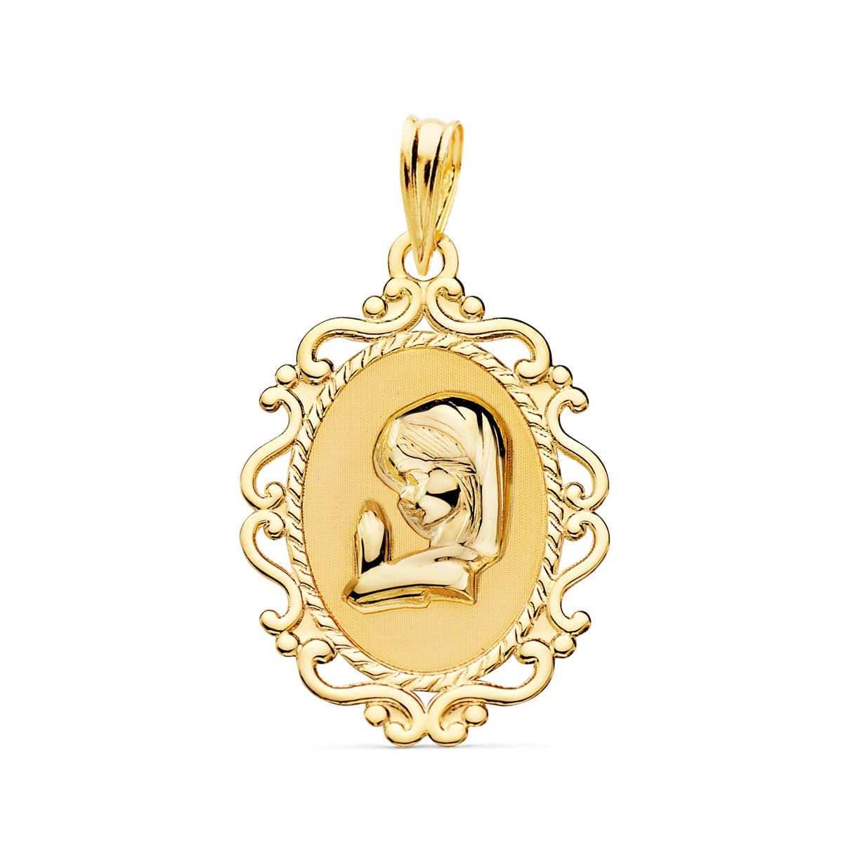 18K Médaille Vierge Bord Filigrane en Or Jaune 23X16 mm