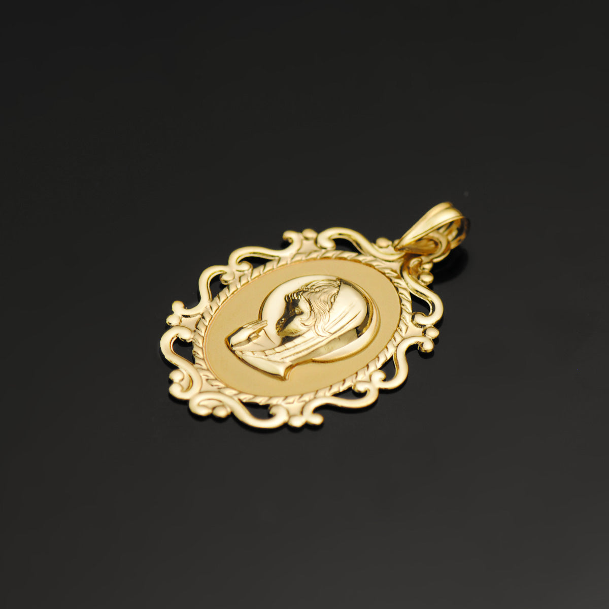 18K Médaille Vierge Bord Filigrane en Or Jaune 31X21MM