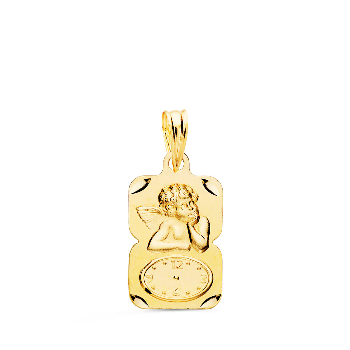 Médaille en Or Jaune 18K Rectangle Ange Moqueur avec Horloge Sculptée 19X11 mm