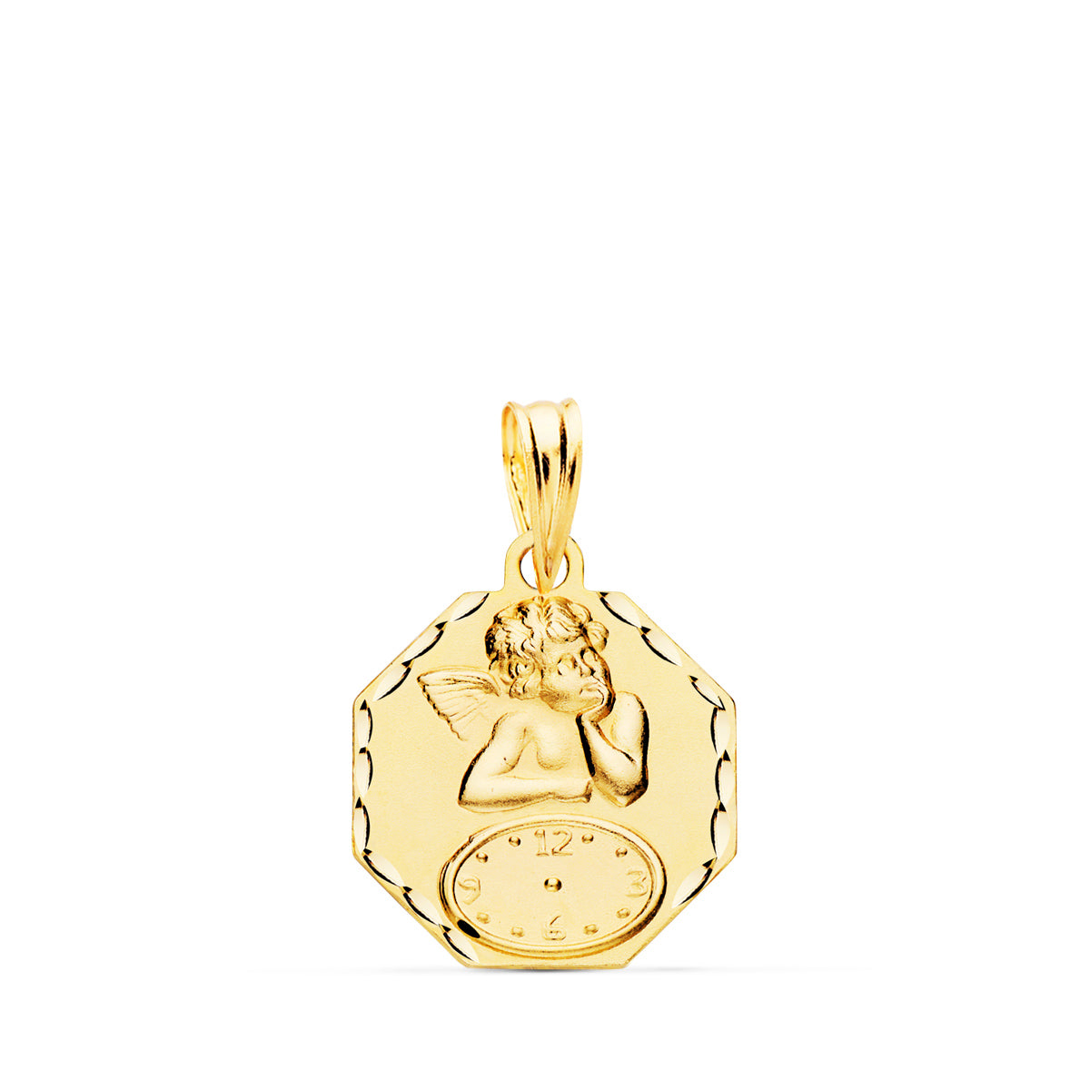 Médaille en Or Jaune 18K Octogonale Ange Moqueur avec Montre Ciselée 15X15 mm