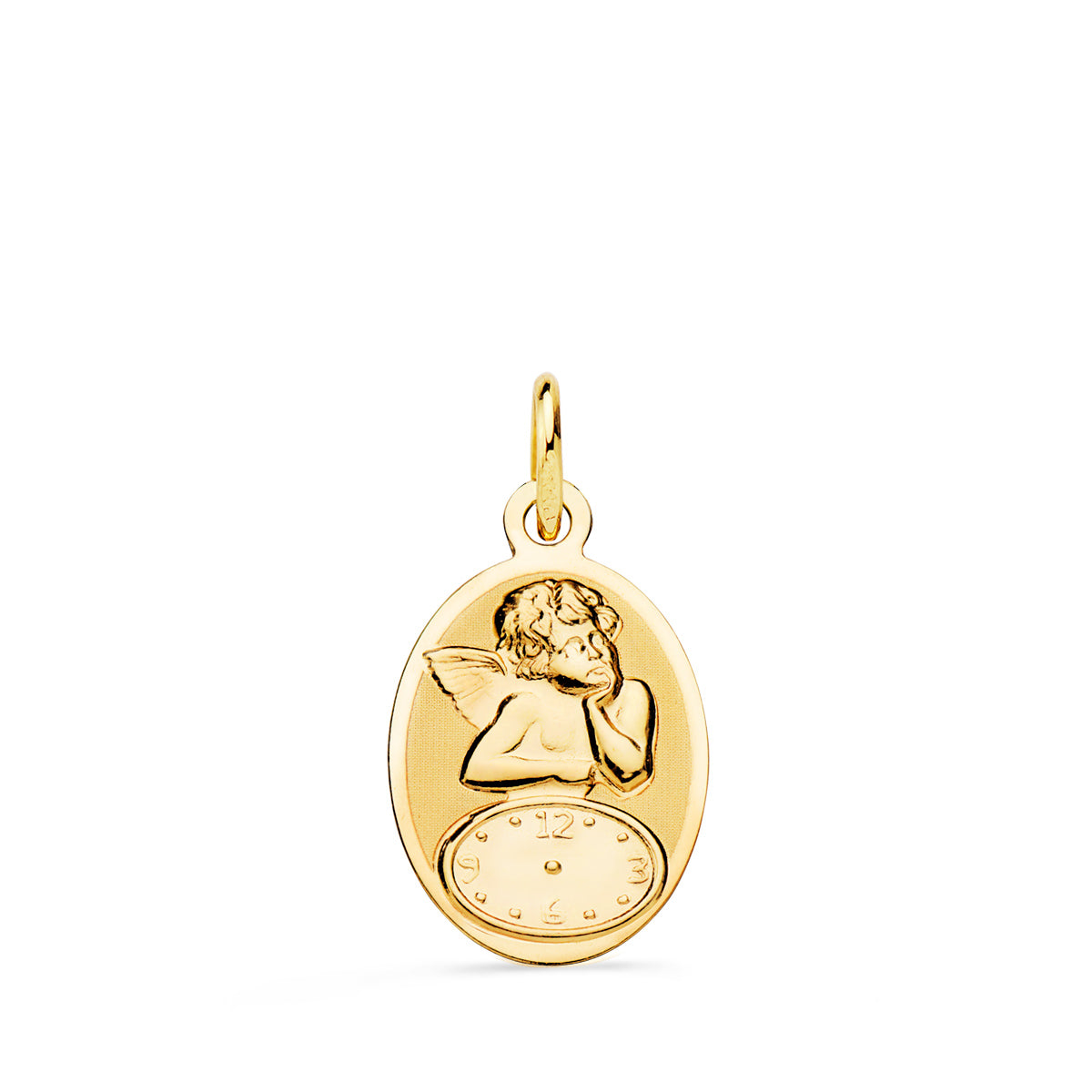 Médaille en Or Jaune 18K Ovale Moqueur Ange avec Montre Brillant et Mat 19X12 mm