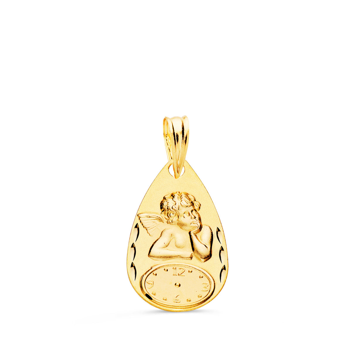Médaille en Or Jaune 18K Moqueur Ange Goutte avec Montre Ciselée 19X11 mm