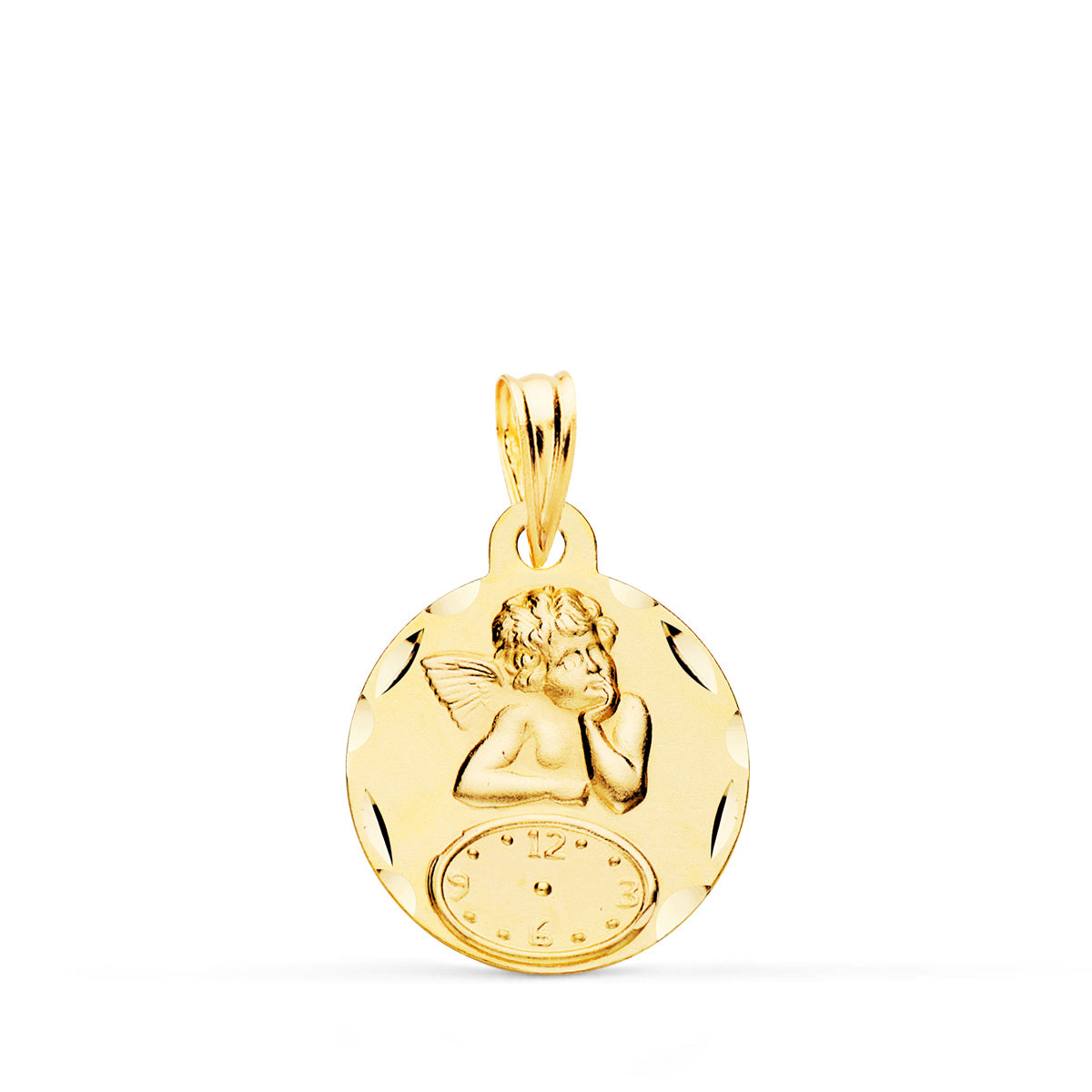 Médaille Ange Moqueur Ronde en Or Jaune 18K avec Montre Ciselée 15 mm