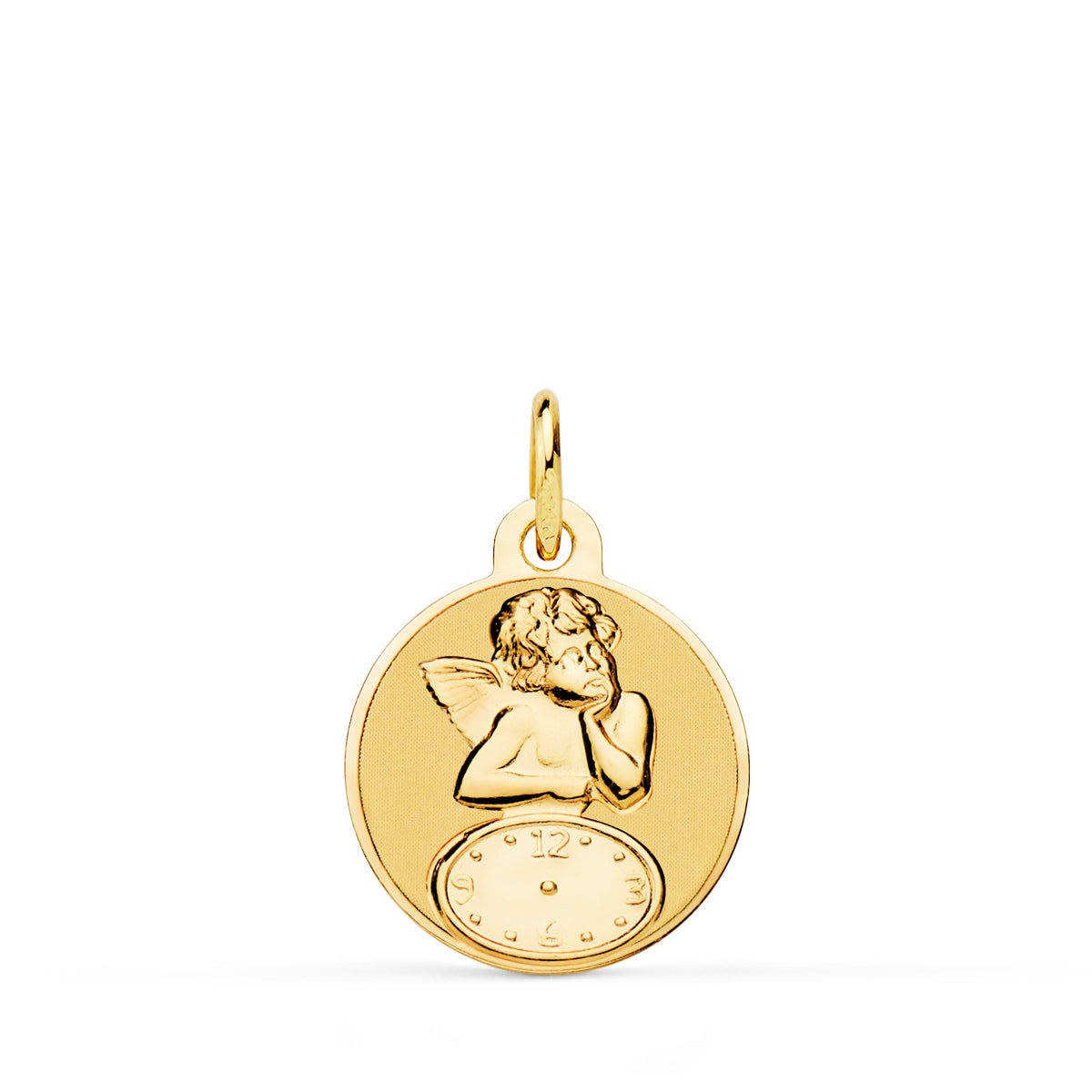 Médaille Ange Moqueur Ronde en Or Jaune 18K avec Montre Brillante et Mate 15 mm