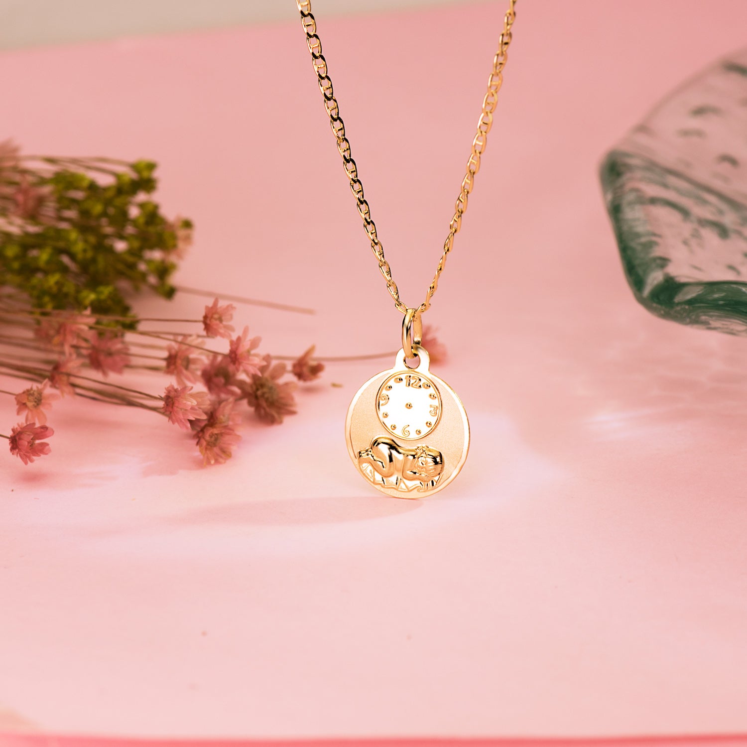 Médaille Ronde de Lenfant de Lheure en Or Jaune 18K avec Montre Brillante et Mate 15 mm