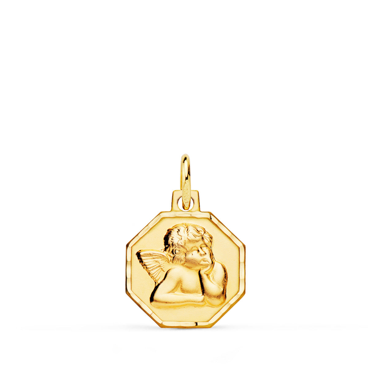 Médaille en Or Jaune 18K Ange Octogonal Moqueur Sculpté 13X13 mm