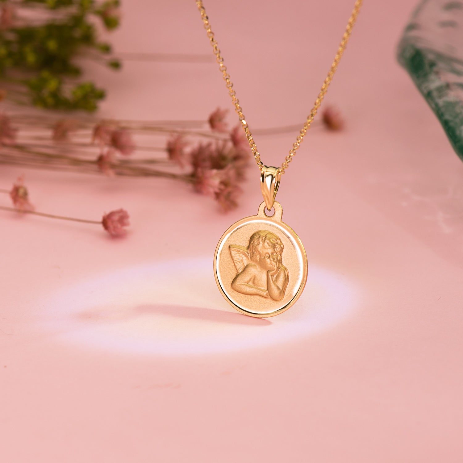 Médaille en Or Jaune 18K Médaille Ronde Ange Moqueur Lunette 16 mm