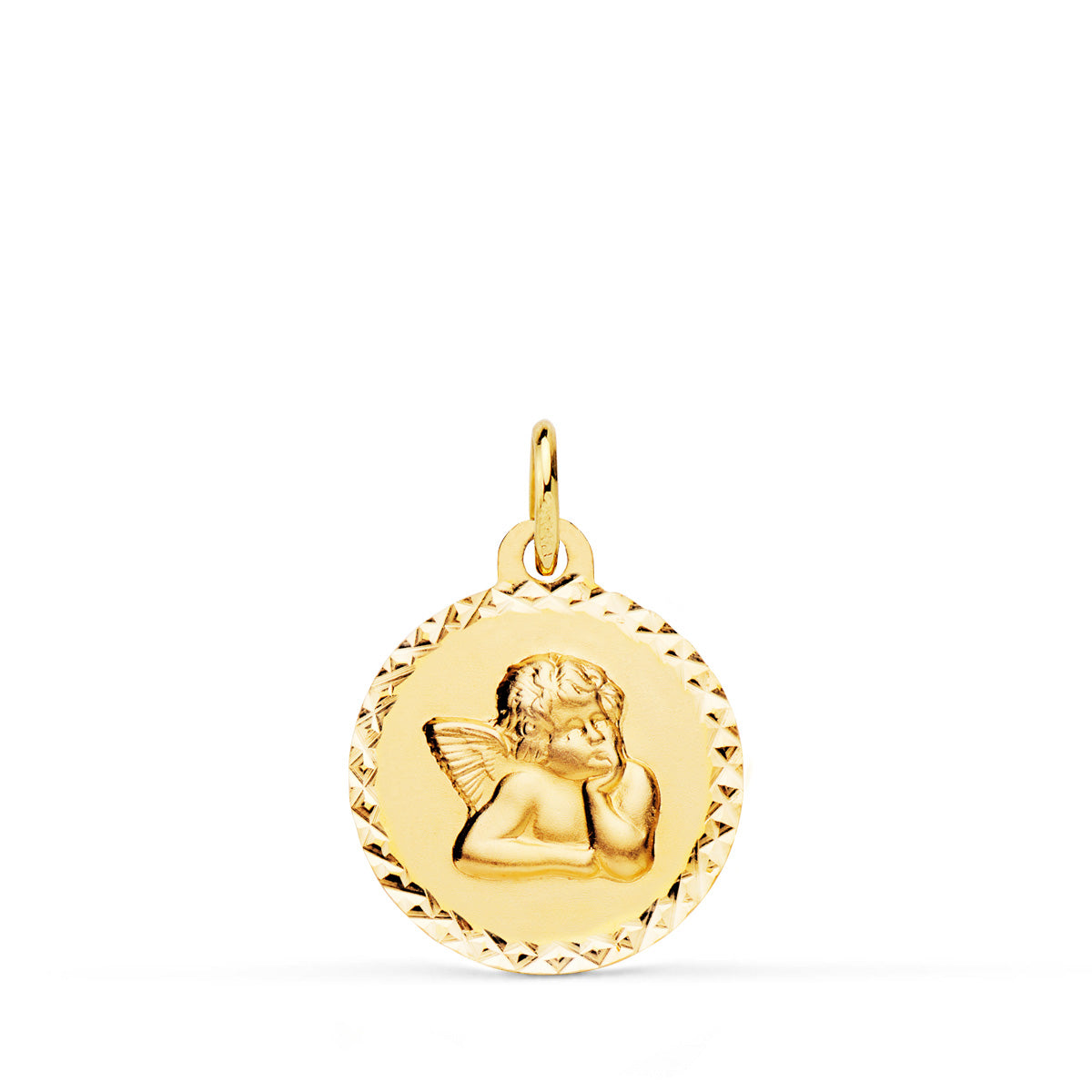 Médaille en Or Jaune 18K Ange Moqueur Entouré Dun Cercle Sculpté 16 mm