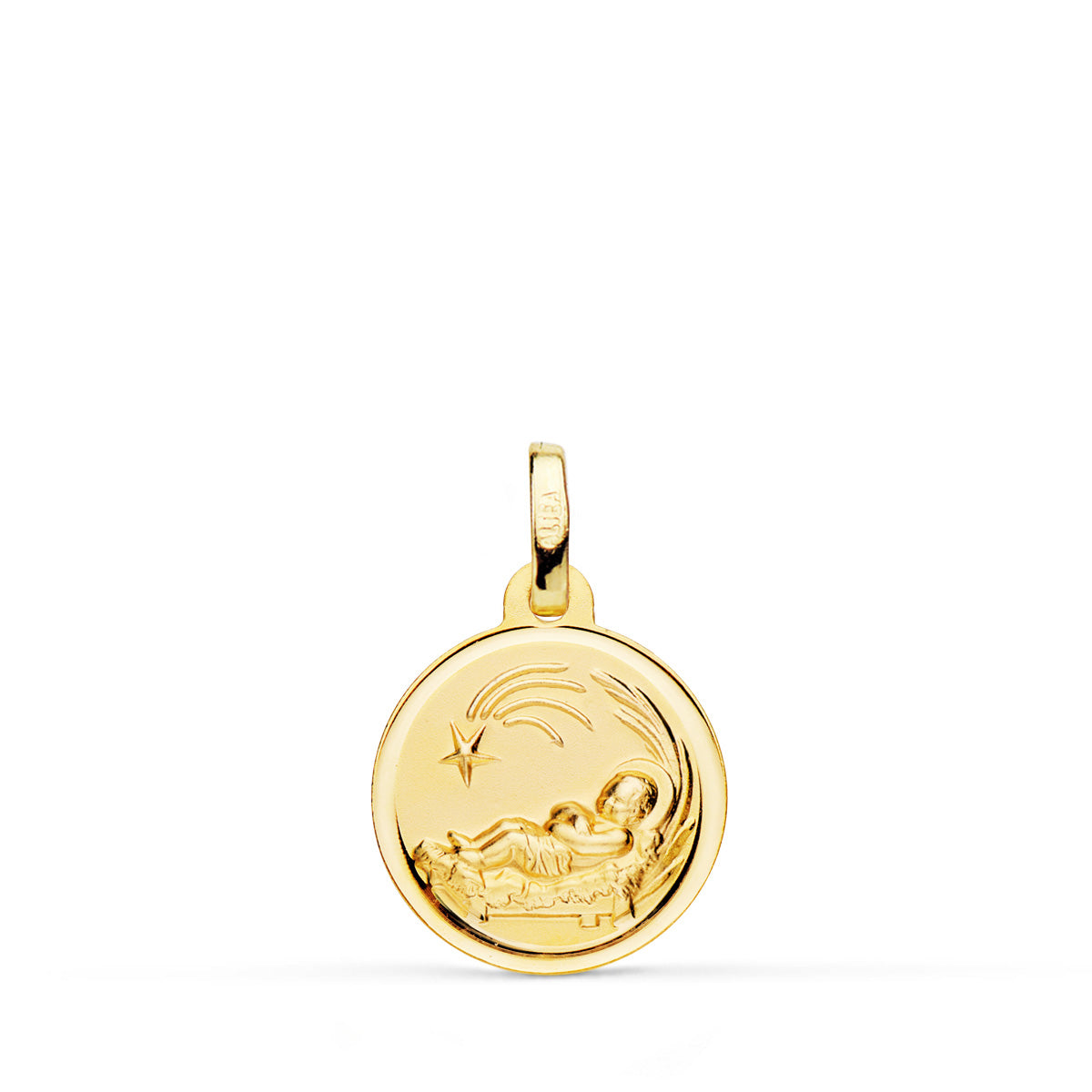 18K Médaille Or Jaune Enfant Jésus Dans la Crêche 14 mm
