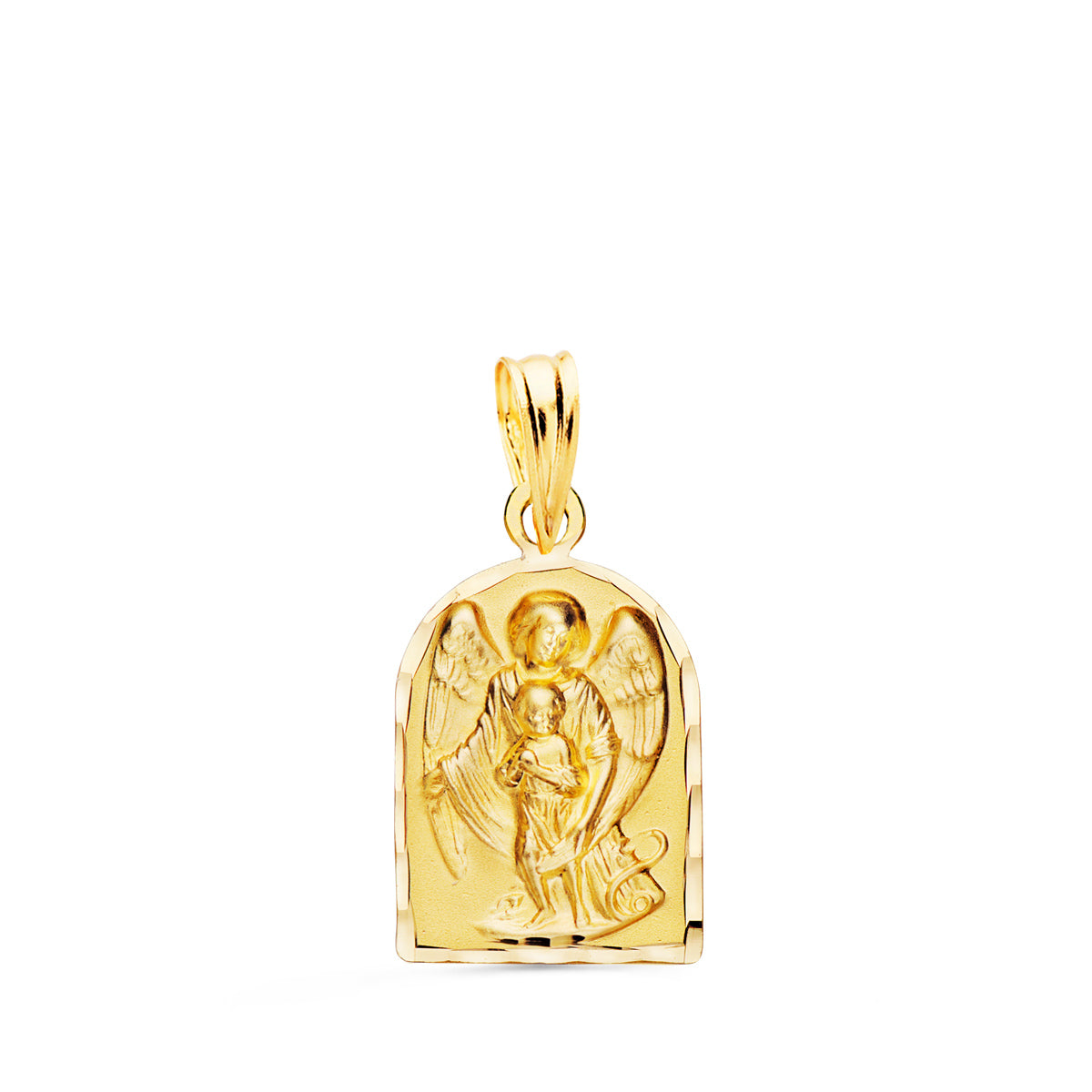 Médaille en Or Jaune 18K Ange Gardien Chapelle Bord Sculpté 18X11 mm