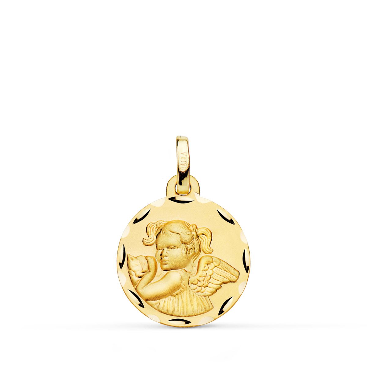 Médaille Ange Fille en Or Jaune 18K Sculptée 16 mm