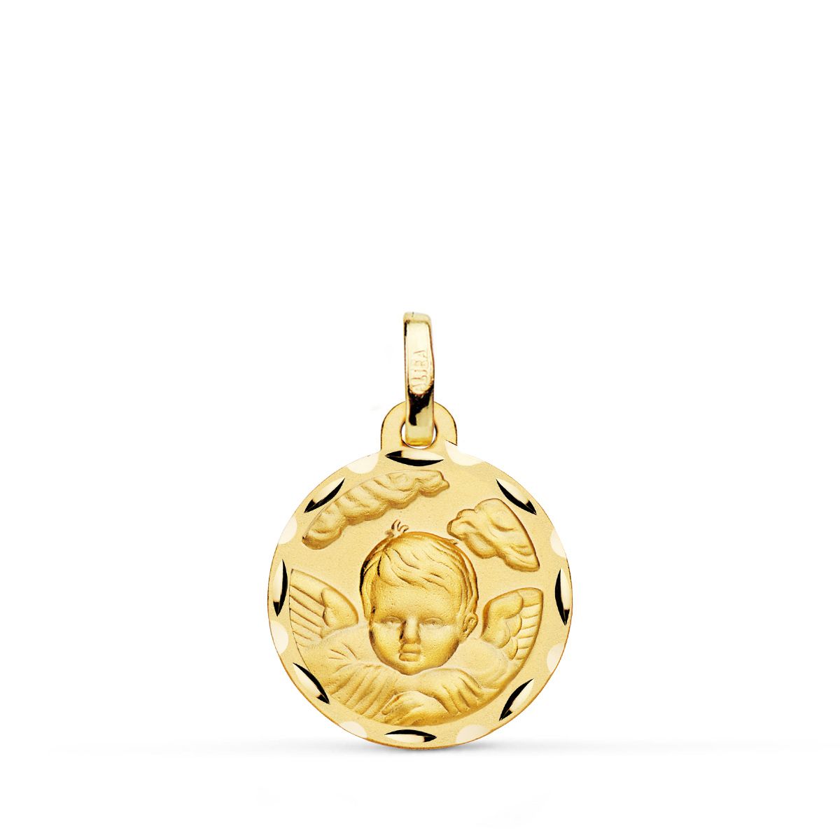 Médaille en Or Jaune 18K Ange Enfant Dans le Nuage Sculpté 16 mm