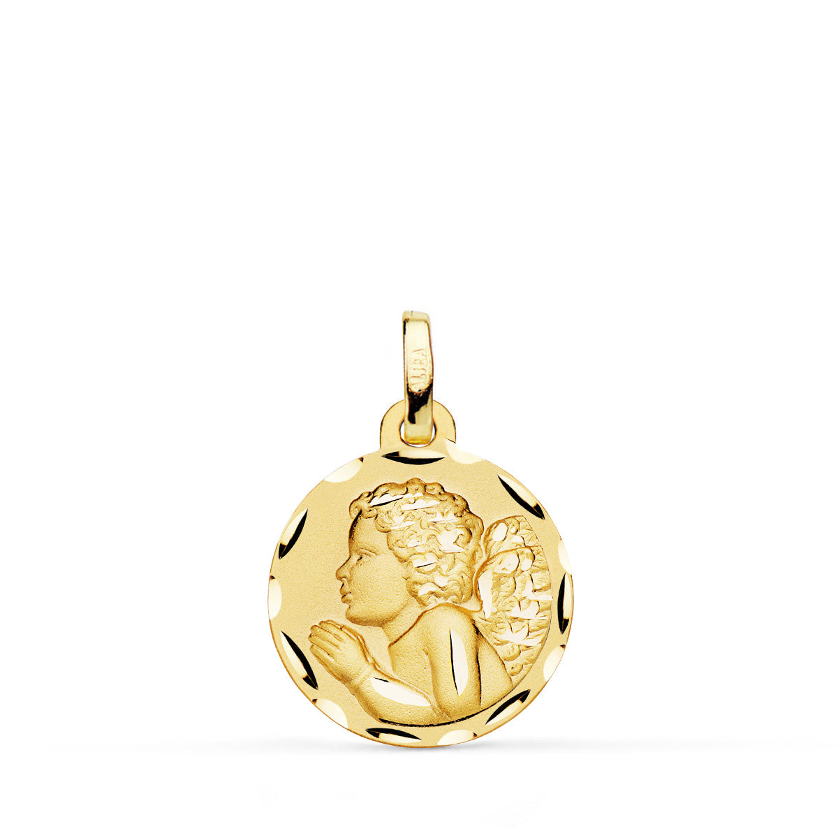 Médaille Ange en Or Jaune 18K " Enfant Pieux " Priant Sculptée 16 mm