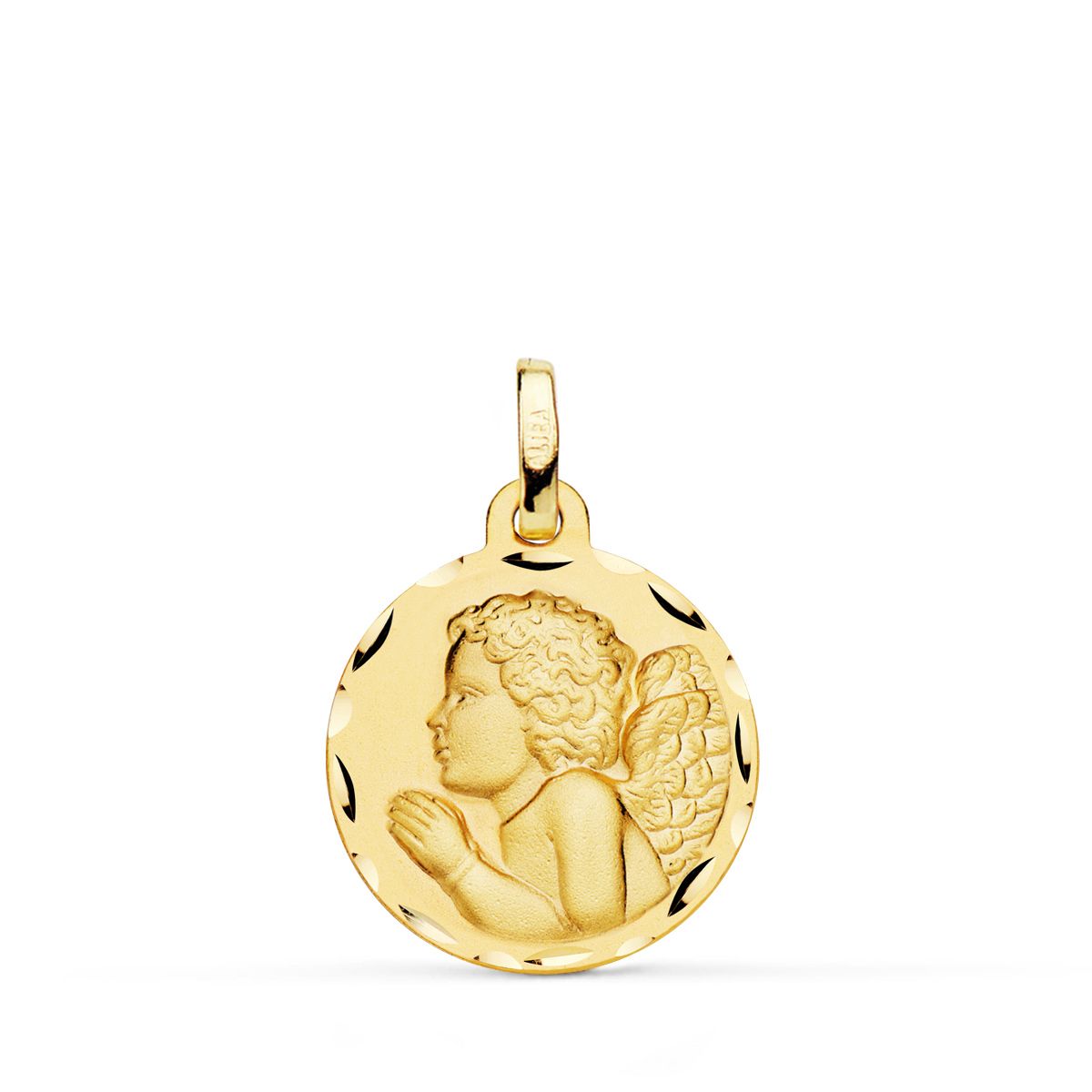 Médaille en Or Jaune 18K Ange Enfant Pieux Priant Sculptée 18 mm