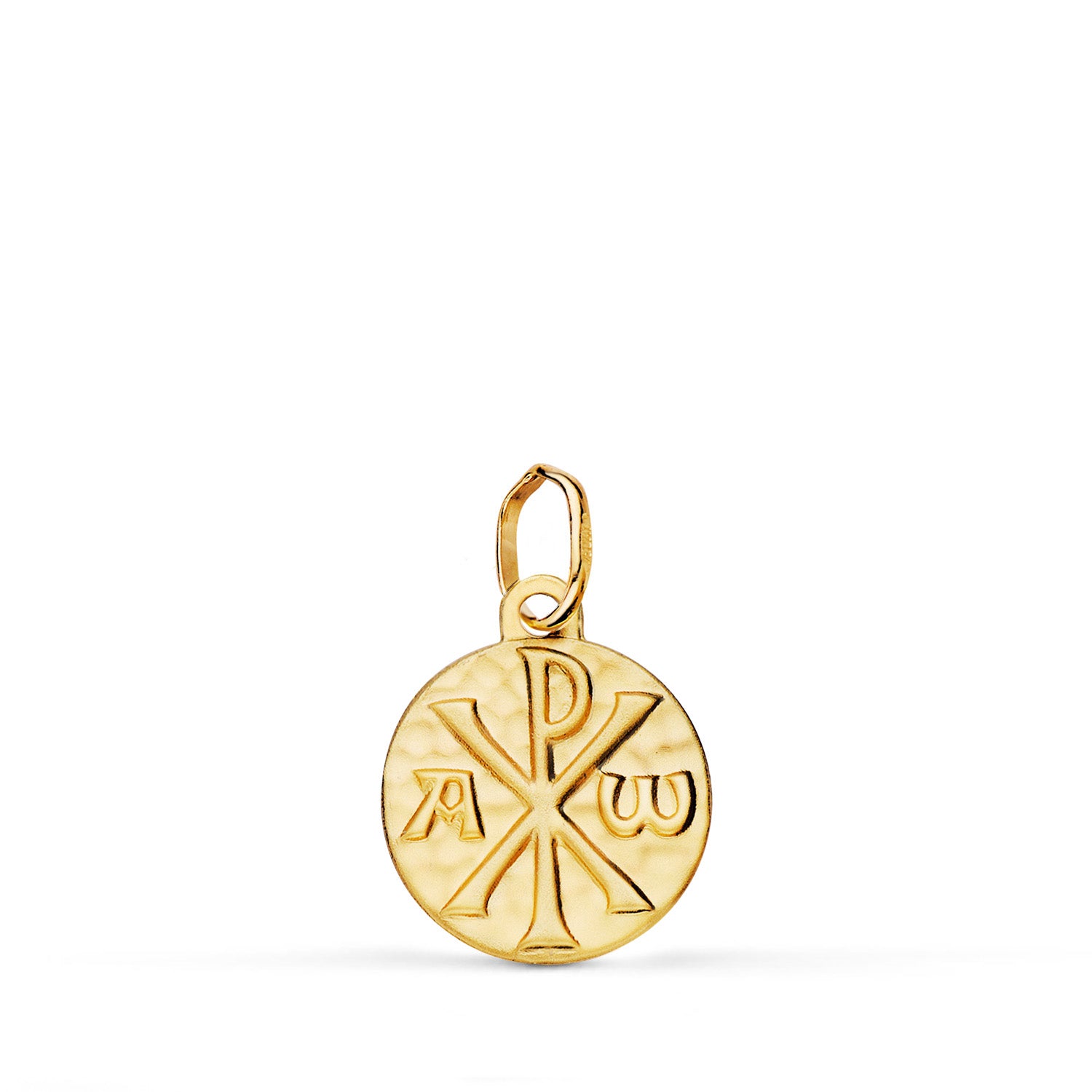 Médaille en Or Jaune 18 Carats avec Croix de Chrismon, Martelée, 12 mm