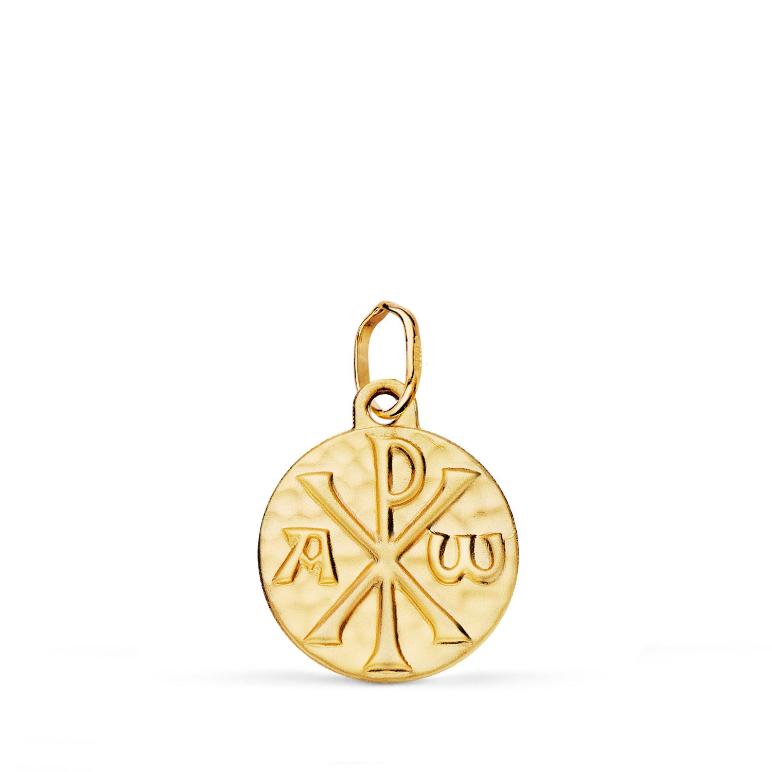 Médaille en Or Jaune 18 Carats avec Croix de Chrismon, Martelée, 14 mm