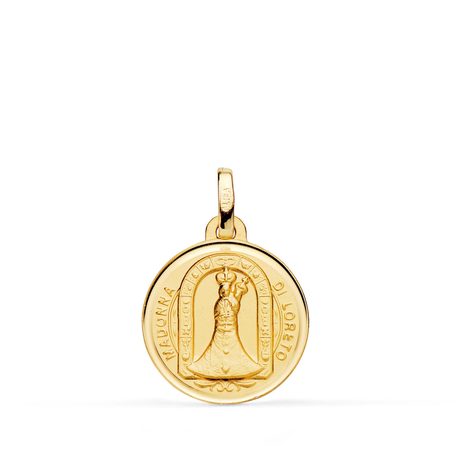 Médaille en Or Jaune 18 Carats Madonna Di Loreto avec Biseau et Matière. Dimensions : 16 mm