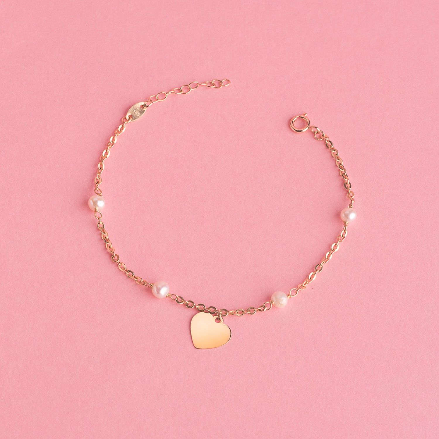 Bracciale in oro giallo 18 carati con perline da 3,5 mm e placca a cuore da 10 mm. Lunghezza 15 2 Cm
