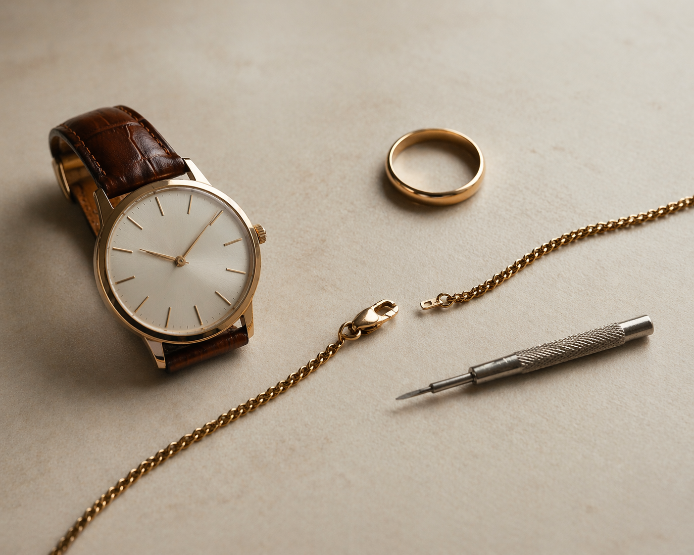 Réparation bracelet or cassé avec fermoir, montre et outils de bijouterie en atelier