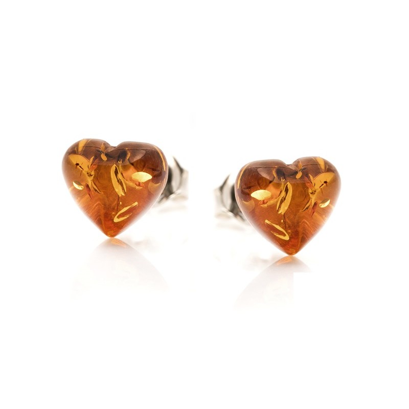 Orecchini a bottone placcati in oro con cuore - ambra