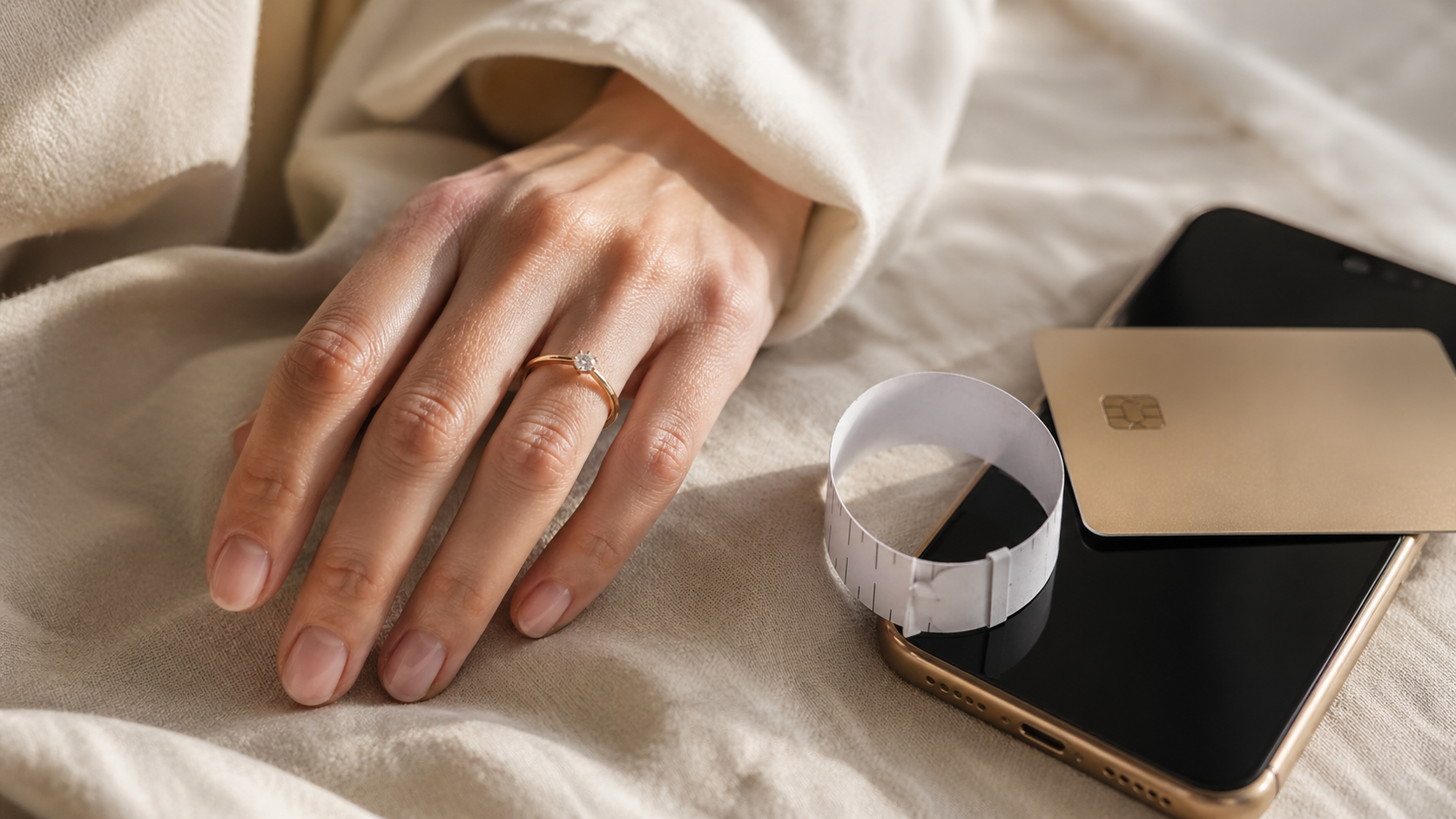 Main féminine portant une bague en or délicate avec pierre, posée sur un tissu beige, avec baguier papier, carte bancaire et smartphone à proximité