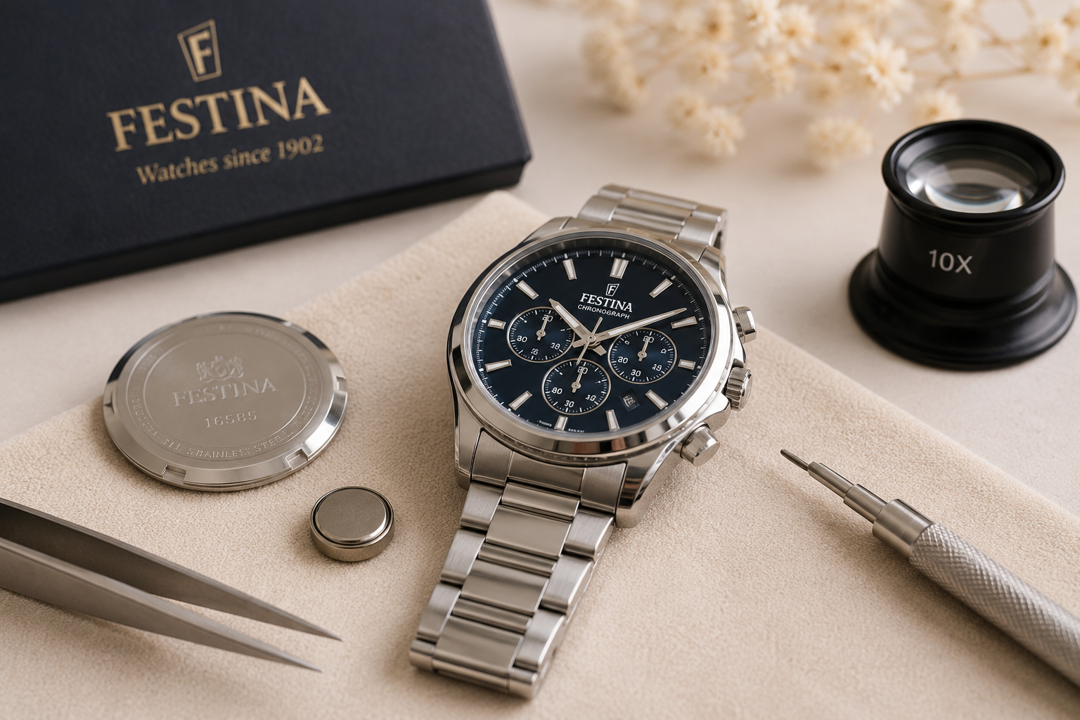 Montre Festina chronographe avec pile remplacée par un horloger à l'aide d'outils professionnels.